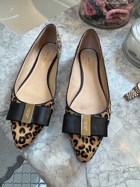 Kate Spade Leopard Print Norah Pointed Toe Flats with Black Bow 8